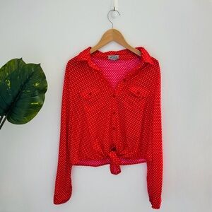 PASSPORT | Red Polka Dot Long Sleeve Top Front Tie Size Medium